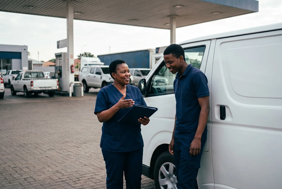 Occupational health nurse talking with a forecourt attendant beside a mobile clinic