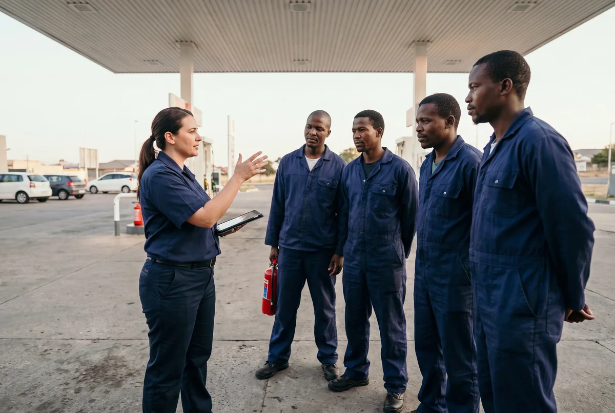 Fire-safety toolbox talk with forecourt attendants