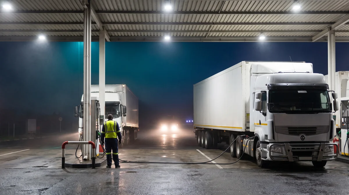 Trucks refuelling at a highway truck stop at night