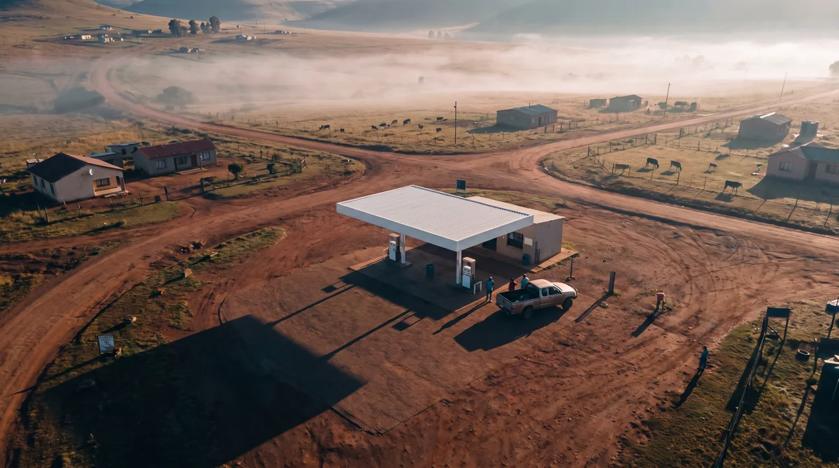 Aerial view of a rural fuel station at a crossroads at dawn