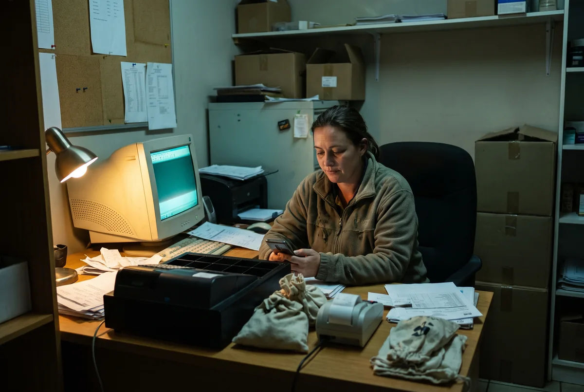 Station manager in the back office checking her phone beside the till drawer