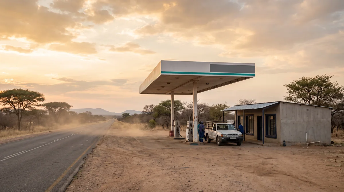A small rural fuel station beside an open road under a big sky