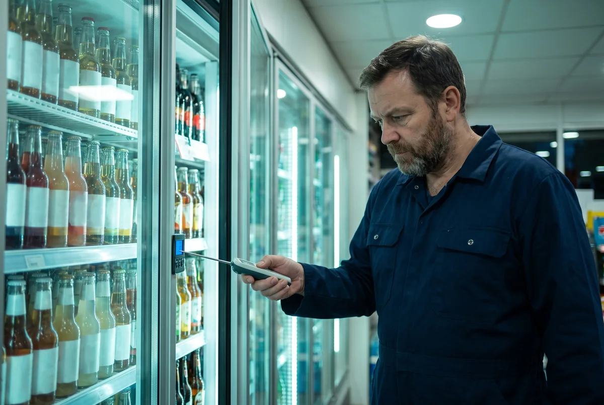 Technician checking fridge temperature in a forecourt shop