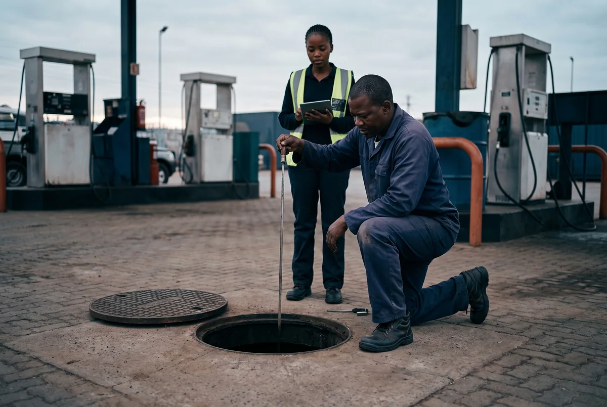 Site manager dipping an underground tank while an attendant records the reading